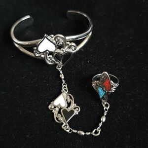 Vintage Ring with Attached Bracelet Inlaid Heart
